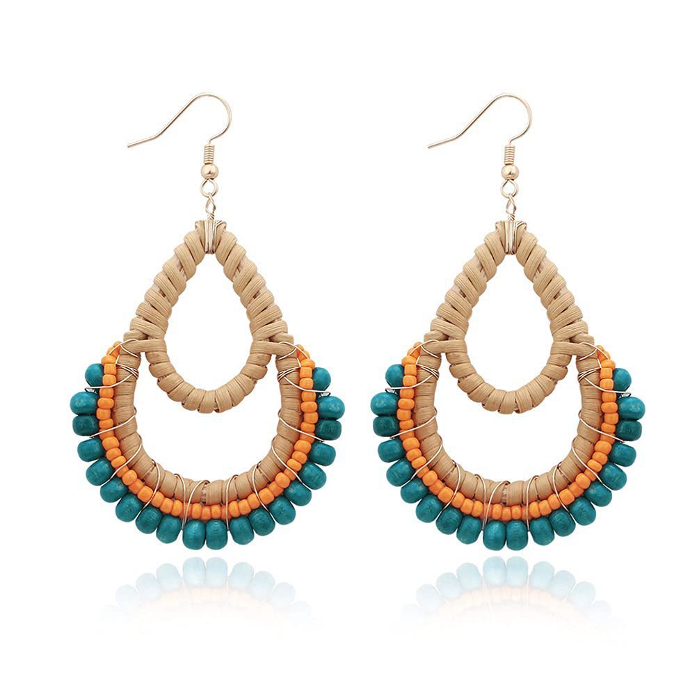 Wholesale Bohemian Rattan Wooden Beads Fishhook Hoop Earrings